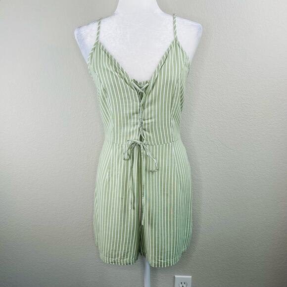 Vero Moda Sleeveless Linen Blend Lace Up Romper Green White Stripe Large/XL NWT - Picture 12 of 13